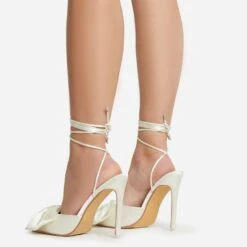 EGO Bowdown Lace Up Bow Detail Pointed Toe Stiletto Heel In Cream Satin -EGO Sales 06 01 23 fw47420 sb