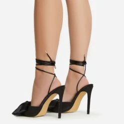 EGO Bowdown Lace Up Bow Detail Pointed Toe Stiletto Heel In Black Satin -EGO Sales 06 01 23 fw47425 sb