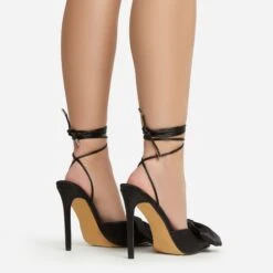 EGO Bowdown Lace Up Bow Detail Pointed Toe Stiletto Heel In Black Satin -EGO Sales 06 01 23 fw47426 sb2