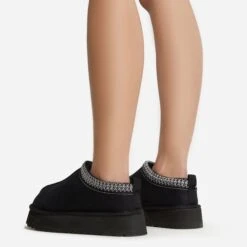 EGO Tazmin Aztec Detail Faux Fur Lining Platform Slipper In Black Faux Suede -EGO Sales 06 01 23 fw47472 sb