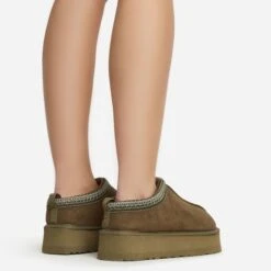 EGO Tazmin Aztec Detail Faux Fur Lining Platform Slipper In Green Faux Suede -EGO Sales 06 01 23 fw47488 sb