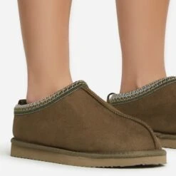 EGO Catch-Up Aztec Detail Faux Fur Lining Flat Slipper In Green Faux Suede -EGO Sales 06 01 23 fw47491 sq