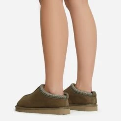 EGO Catch-Up Aztec Detail Faux Fur Lining Flat Slipper In Green Faux Suede -EGO Sales 06 01 23 fw47492 sb