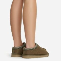 EGO Catch-Up Aztec Detail Faux Fur Lining Flat Slipper In Green Faux Suede -EGO Sales 06 01 23 fw47493 sb