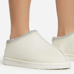 EGO Catch-Up Aztec Detail Faux Fur Lining Flat Slipper In Cream Faux Suede -EGO Sales 06 01 23 fw47497 sq