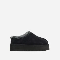 EGO Tazmin Aztec Detail Faux Fur Lining Platform Slipper In Black Faux Suede