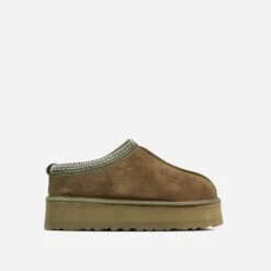 EGO Tazmin Aztec Detail Faux Fur Lining Platform Slipper In Green Faux Suede