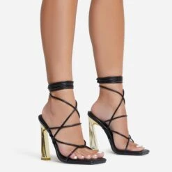 EGO Roseville Lace Up Quilted Insole Square Toe Cut Out Flared Heel In Black Faux Leather