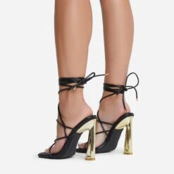 EGO Roseville Lace Up Quilted Insole Square Toe Cut Out Flared Heel In Black Faux Leather -EGO Sales 06 07 221447