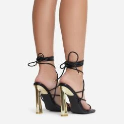 EGO Roseville Lace Up Quilted Insole Square Toe Cut Out Flared Heel In Black Faux Leather -EGO Sales 06 07 221448