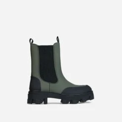 EGO Maddy Rubber Toe Detail Chunky Sole Ankle Chelsea Biker Boot In Green Matte Rubber -EGO Sales 06 10 22 fw10434