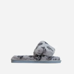 EGO Blanket Velcro Strap Printed Detail Square Peep Toe Flat Slipper In Grey Faux Fur -EGO Sales 06 10 22 fw10479