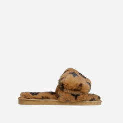EGO Blanket Velcro Strap Printed Detail Square Peep Toe Flat Slipper In Tan Brown Faux Fur -EGO Sales 06 10 22 fw10480
