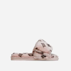 EGO Blanket Velcro Strap Printed Detail Square Peep Toe Flat Slipper In Pink Faux Fur -EGO Sales 06 10 22 fw10481