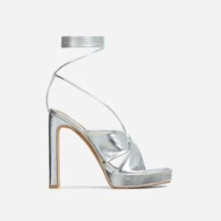 EGO Ranger Lace Up Twisted Strap Detail Square Toe Platform Thin Block Heel In Silver Metallic Faux Leather -EGO Sales 06 10 22 fw10487