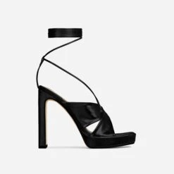 EGO Ranger Lace Up Twisted Strap Detail Square Toe Platform Thin Block Heel In Black Metallic Faux Leather -EGO Sales 06 10 22 fw10488
