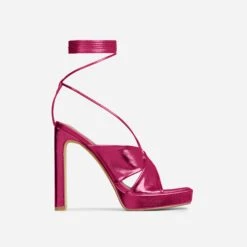EGO Ranger Lace Up Twisted Strap Detail Square Toe Platform Thin Block Heel In Pink Metallic Faux Leather -EGO Sales 06 10 22 fw10489