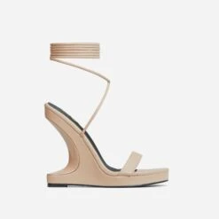EGO Raven Lace Up Platform Sole Cut Out Wedge Heel In Nude Faux Leather -EGO Sales 06 10 22 fw10496