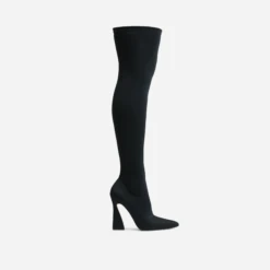 EGO Masterclass Pointed Toe Statement Flared Block Heel Over The Knee Thigh High Long Boot In Black Lycra -EGO Sales 06 10 22 fw10561