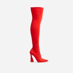 EGO Masterclass Pointed Toe Statement Flared Block Heel Over The Knee Thigh High Long Boot In Red Lycra -EGO Sales 06 10 22 fw10562