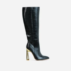 EGO Role-Play Pointed Toe Cut Out Metallic Heel Knee High Long Boot In Black Croc Print Faux Leather -EGO Sales 06 10 22 fw10568