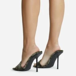 EGO Tribute Open Square Toe Stiletto Heel Mule In Khaki Green Velvet -EGO Sales 06 10 22 fw12661 sq