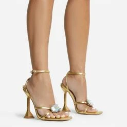 EGO Treasure Ankle Strap Gem Detail Square Toe Statement Heel In Gold Faux Leather