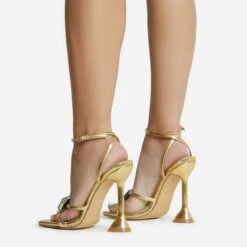 EGO Treasure Ankle Strap Gem Detail Square Toe Statement Heel In Gold Faux Leather -EGO Sales 06 10 22 fw12676 sq