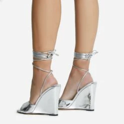EGO Anthems Lace Up Square Peep Toe Wedge Heel In Silver Metallic Patent -EGO Sales 06 10 22 fw12764 sq