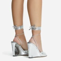 EGO Anthems Lace Up Square Peep Toe Wedge Heel In Silver Metallic Patent -EGO Sales 06 10 22 fw12765 sq