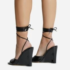 EGO Anthems Lace Up Square Peep Toe Wedge Heel In Black Patent -EGO Sales 06 10 22 fw12769 sq