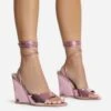 EGO Anthems Lace Up Square Peep Toe Wedge Heel In Pink Metallic Patent