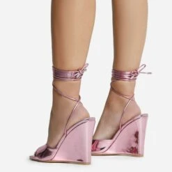 EGO Anthems Lace Up Square Peep Toe Wedge Heel In Pink Metallic Patent -EGO Sales 06 10 22 fw12774 sq