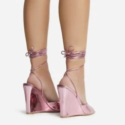 EGO Anthems Lace Up Square Peep Toe Wedge Heel In Pink Metallic Patent -EGO Sales 06 10 22 fw12775 sq