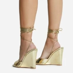 EGO Anthems Lace Up Square Peep Toe Wedge Heel In Gold Metallic Patent -EGO Sales 06 10 22 fw12779 sq