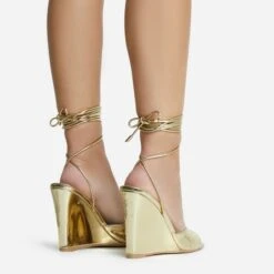 EGO Anthems Lace Up Square Peep Toe Wedge Heel In Gold Metallic Patent -EGO Sales 06 10 22 fw12780 sq