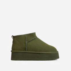 EGO Pumpkin Platform Sole Faux Fur Lining Ultra Mini Ankle Boot In Khaki Faux Suede -EGO Sales 06 10 22 fw15086