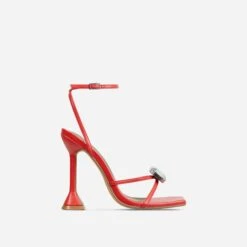 EGO Treasure Ankle Strap Gem Detail Square Toe Statement Heel In Red Faux Leather -EGO Sales 06 10 22 fw15103 sq