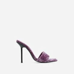 EGO Tribute Open Square Toe Stiletto Heel Mule In Lilac Velvet -EGO Sales 06 10 22 fw15116 sq