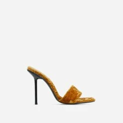 EGO Tribute Open Square Toe Stiletto Heel Mule In Mustard Velvet -EGO Sales 06 10 22 fw15117 sq