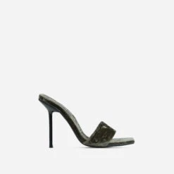 EGO Tribute Open Square Toe Stiletto Heel Mule In Khaki Green Velvet -EGO Sales 06 10 22 fw15118 sq