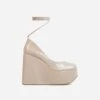 EGO Music-For-My-Ears Lace Up Closed Square Toe Platform Wedge Heel In Nude Patent