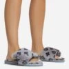 EGO Blanket Velcro Strap Printed Detail Square Peep Toe Flat Slipper In Grey Faux Fur -EGO Sales 06 10 22 fw5375 copy
