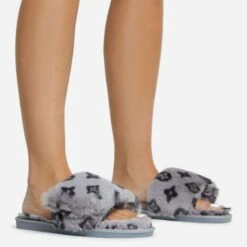 EGO Blanket Velcro Strap Printed Detail Square Peep Toe Flat Slipper In Grey Faux Fur