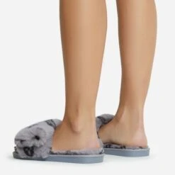 EGO Blanket Velcro Strap Printed Detail Square Peep Toe Flat Slipper In Grey Faux Fur -EGO Sales 06 10 22 fw5378 copy