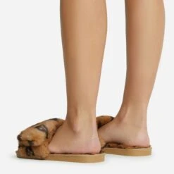EGO Blanket Velcro Strap Printed Detail Square Peep Toe Flat Slipper In Tan Brown Faux Fur -EGO Sales 06 10 22 fw5383 copy