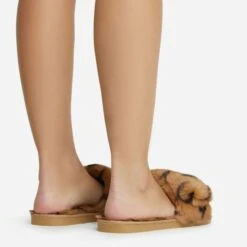 EGO Blanket Velcro Strap Printed Detail Square Peep Toe Flat Slipper In Tan Brown Faux Fur -EGO Sales 06 10 22 fw5384 copy