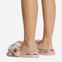 EGO Blanket Velcro Strap Printed Detail Square Peep Toe Flat Slipper In Pink Faux Fur -EGO Sales 06 10 22 fw5388 copy