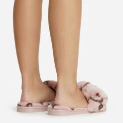 EGO Blanket Velcro Strap Printed Detail Square Peep Toe Flat Slipper In Pink Faux Fur -EGO Sales 06 10 22 fw5389 copy