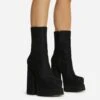 EGO Fifi Closed Square Toe Statement Platform Block Heel Ankle Biker Boot In Black Faux Suede -EGO Sales 06 10 22 fw5395 sq